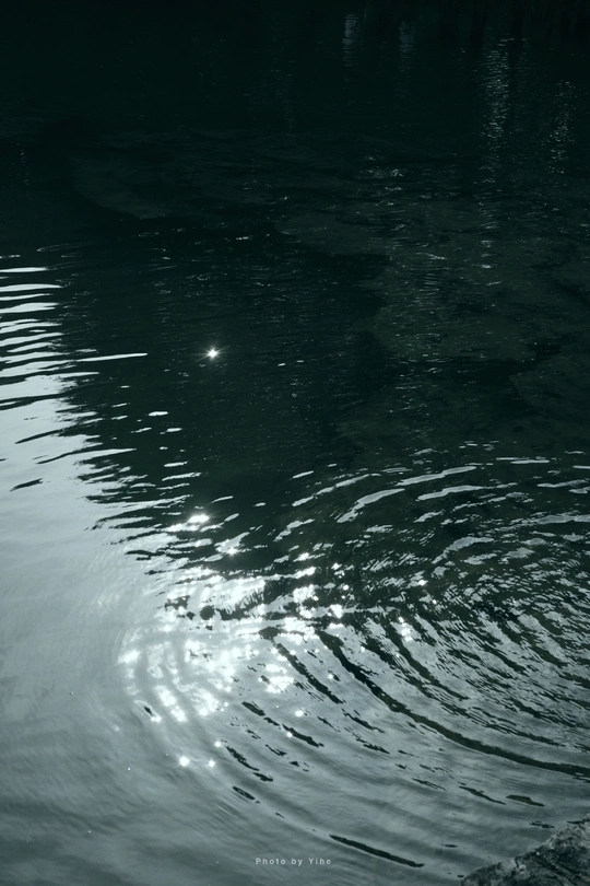 夜晚的黑暗湖泊 太阳照耀 月亮在水面上反射。