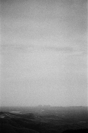 一张黑白照片 一只风筝在田野上方的天空中飞翔。