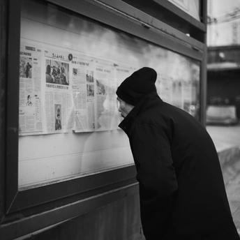 一个靠在窗户边的男人正在看一份报纸在街上