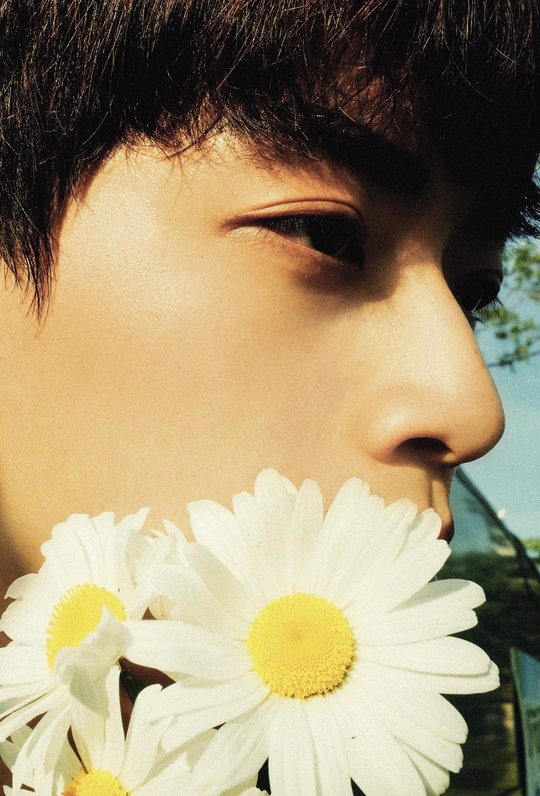 一个满头白发的年轻女孩把一朵白花捧在脸上