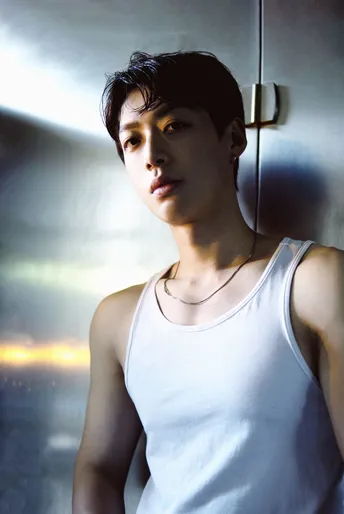 一位穿着白色背心的年轻男子站在一面墙前 展示了一幅肖像画。