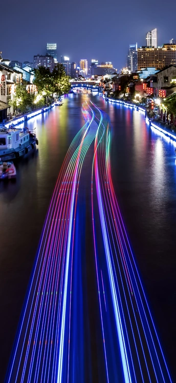 城市中的夜晚河流与光轨