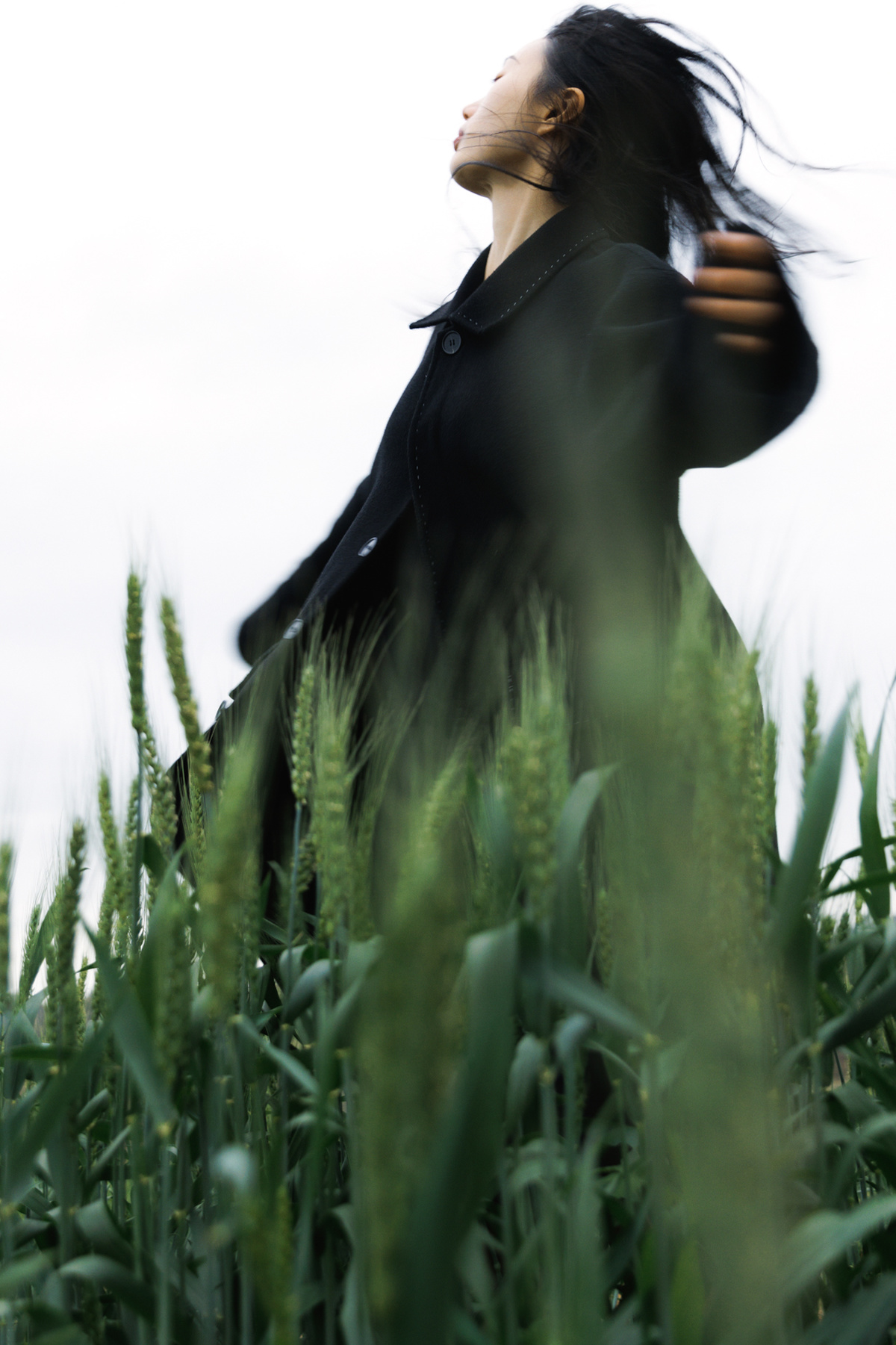 一位年轻女子穿过一片高草丛生的田野