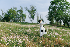 一个穿着白色连衣裙的年轻女子站在开满鲜花的田野里 旁边有一头黑白相间的牛。