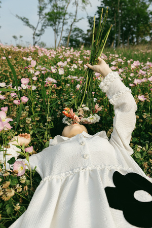 一位穿着白色连衣裙的女子抱着一个洋娃娃在花田里摘花