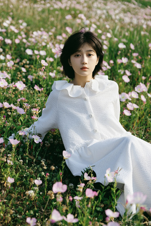 一个穿着白色连衣裙的年轻女子坐在花丛和草地上