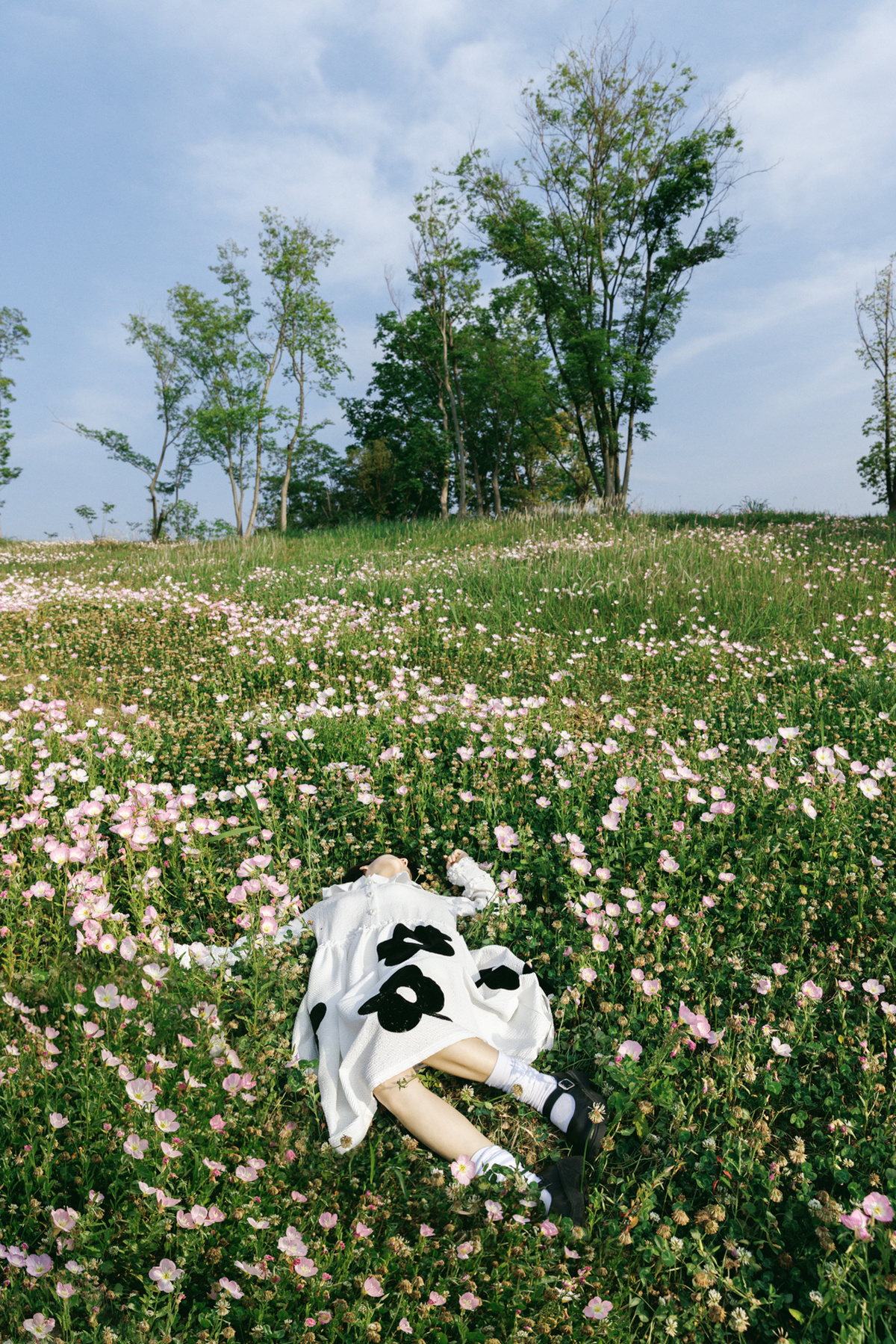 一位穿着连衣裙的女子躺在花丛和草地上