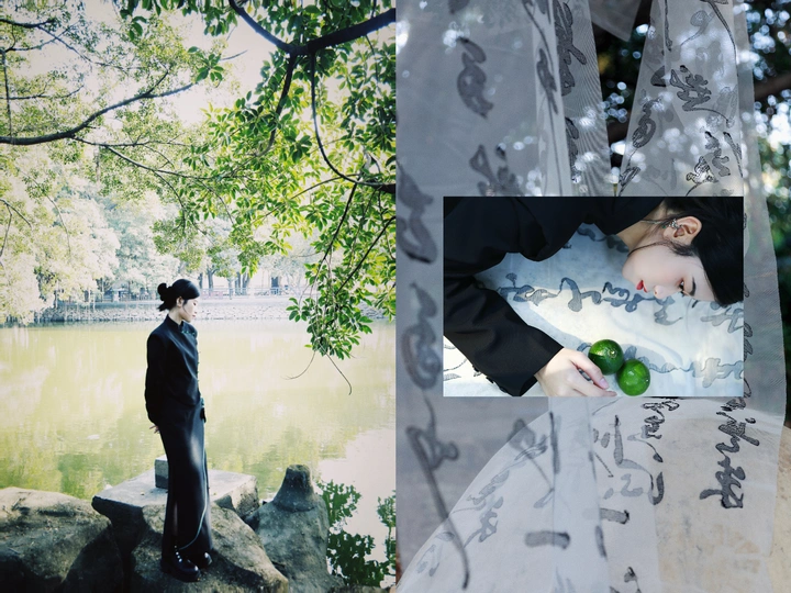 岩石上的男女 湖边树木和水景