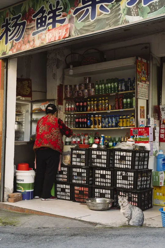 一个站在小商店外的人 旁边有一只猫在人行道上坐在商店前面。