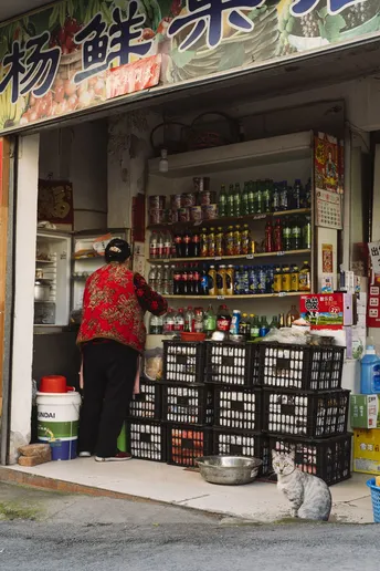 一个站在小商店外的人 旁边有一只猫在人行道上坐在商店前面。