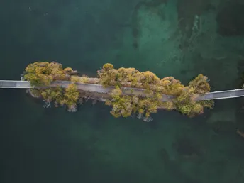 一个小岛上的树木和码头在湖泊上的空中视角