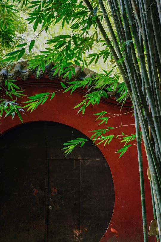 带有红色墙壁和一座大门的入口