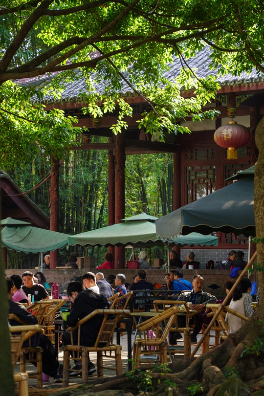 带有几个桌子和椅子、有遮阳伞和人们坐着的户外露台