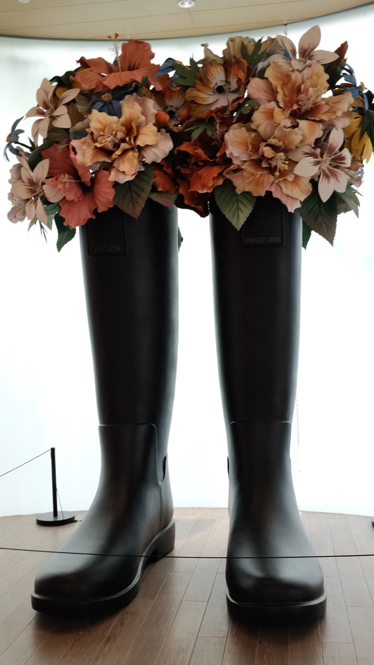 一双黑色靴子 靴子上有花纹。