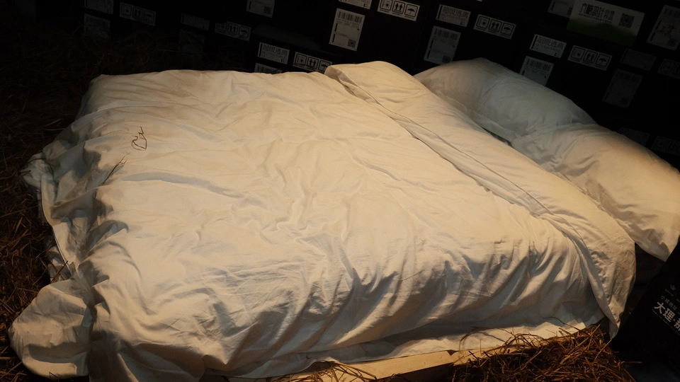 一个带有白色被单和枕头的堆在干草上的床