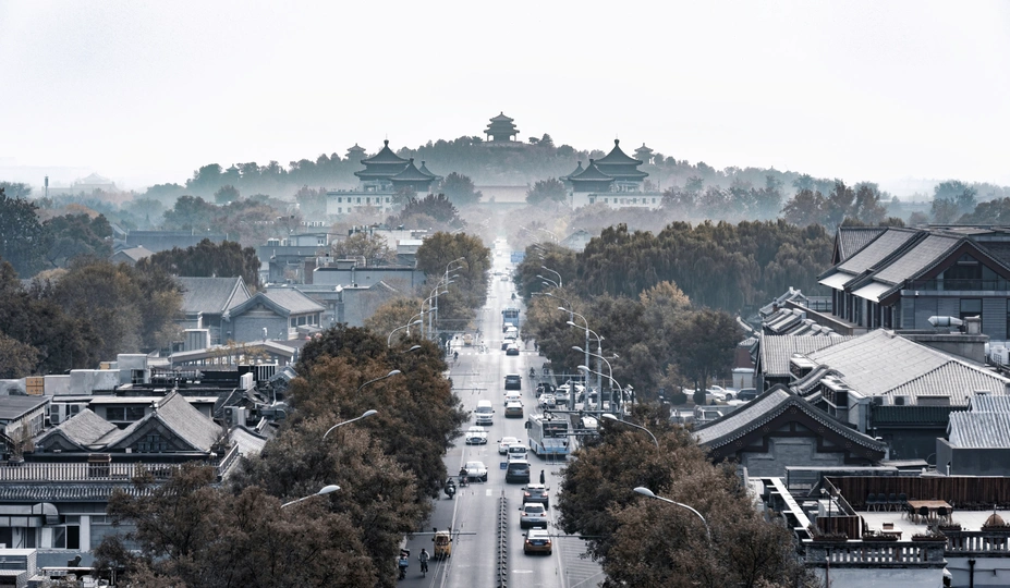 城市里有房子和汽车在路上行驶 还有树木和建筑物在山丘上。