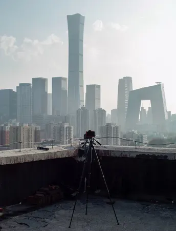 在一栋建筑的屋顶上 有一架在三角架上的相机 背景是高耸的摩天大楼。