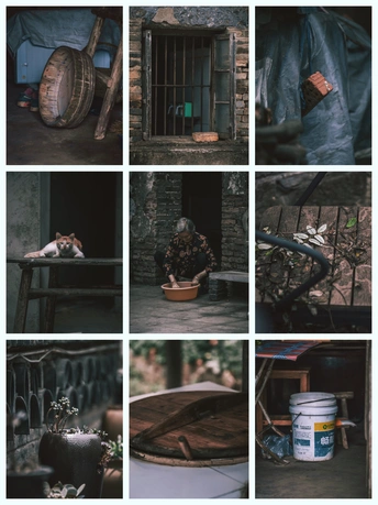 一个有木桌的房间里一男一女的各种照片的拼贴画