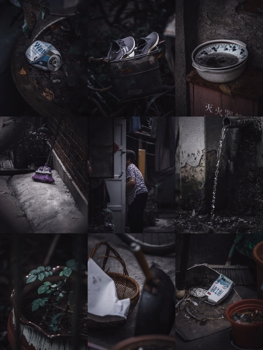 一个脏厨房和一个篮子里女人的照片拼贴