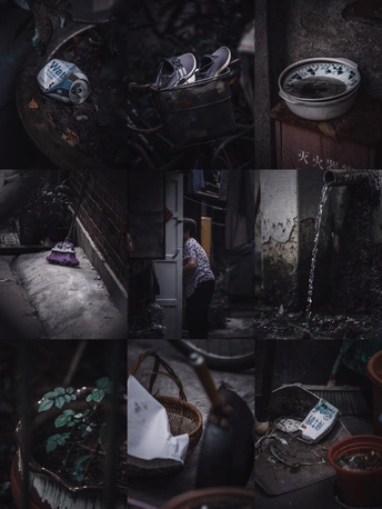 一个脏厨房和一个篮子里女人的照片拼贴