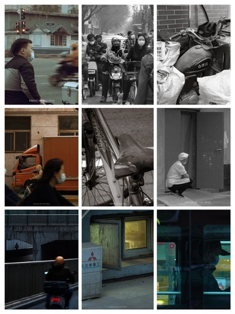 一个包括一名男子骑摩托车和一名女子走街景的照片拼贴。