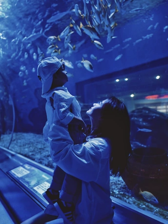 一个女人抱着一个小女孩看着一个有鲨鱼和其他鱼的大水族馆