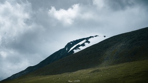 羊在一片草地上吃草 位于一个被雪覆盖的山坡下 天空中弥漫着云朵。