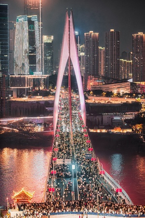 一棵高大的圣诞树照亮了城市中的一个河流。
