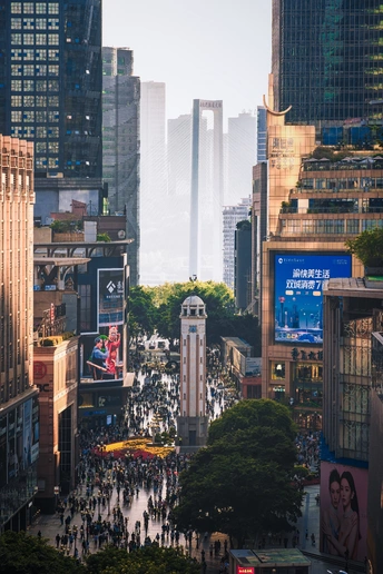 一个人口众多、行人如织、高楼林立的城市街道