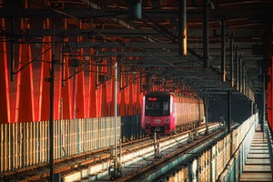 一粉色列车在桥下穿行 轨道上有红灯。