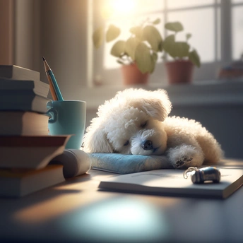 一只小白的 puppy 躺在桌子上 旁边是一些书和笔。