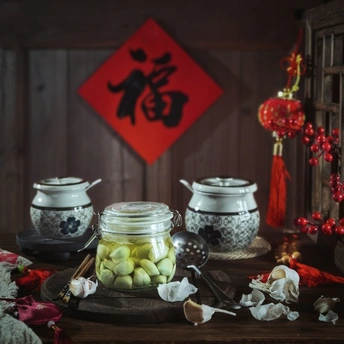 一个木制桌子 顶部放着食品罐子