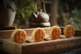 一个木托盘上的中国饼干 在一个中国茶室里进行中国茶仪式 中国茶仪式 茶仪式 中国茶仪式 中国茶仪式 