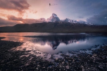 湖中倒影着山峦的湖泊和天空中飞翔的鸟。