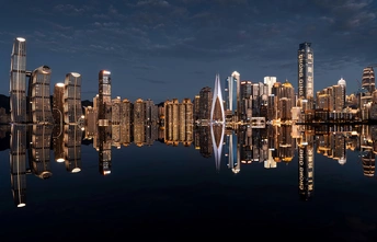 城市的天际线 摩天大楼和夜晚水面上的灯光反射