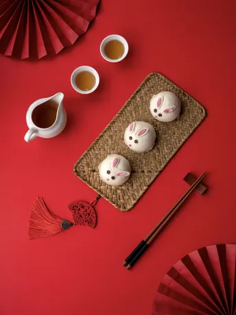 一个带有茶杯和鸡蛋的红色桌子