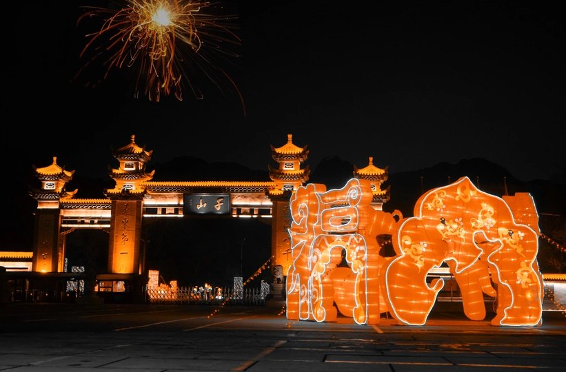 夜晚被烟花点亮的建筑物