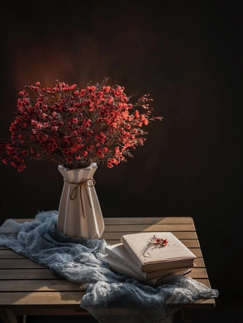 一束红色的花在一个白色的花瓶里 放在一本打开的书上。