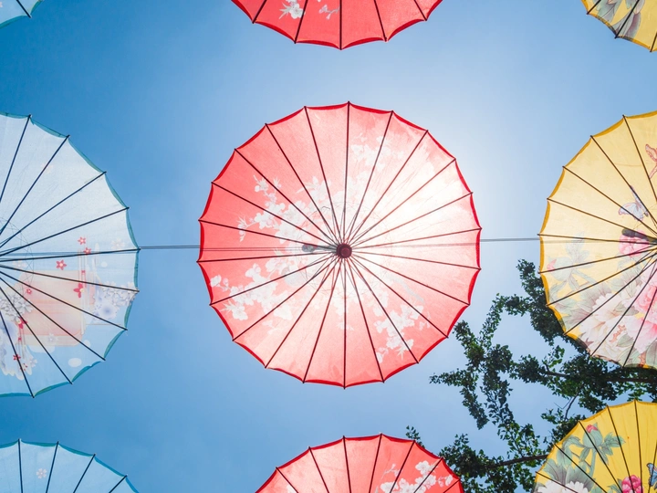 多彩的伞在树上的蓝天上漂浮