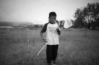 一个小男孩站在草地上拿着网