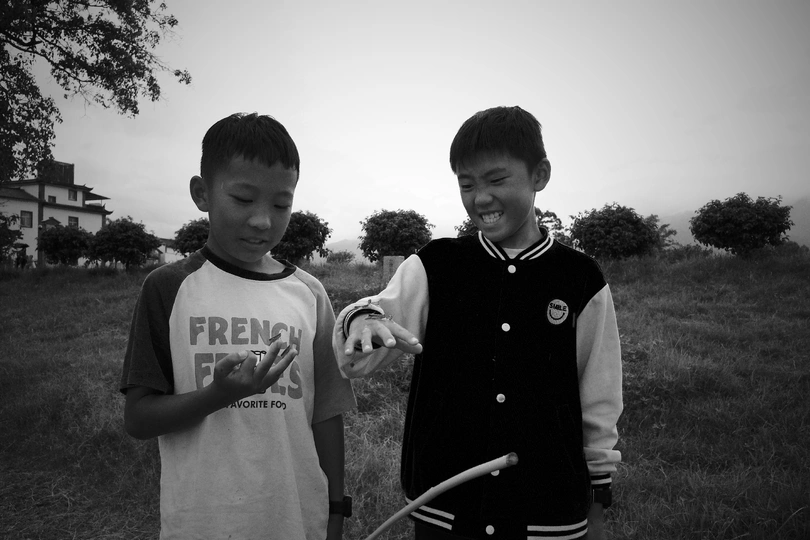 两个年轻男孩站在一个草地上 相邻而立。