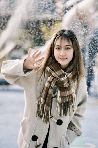 一位穿着外套和围巾的年轻女子站在喷泉前 周围是雪景。