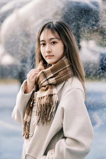 一位穿着外套和围巾的年轻女子在冬天的雪地中站立