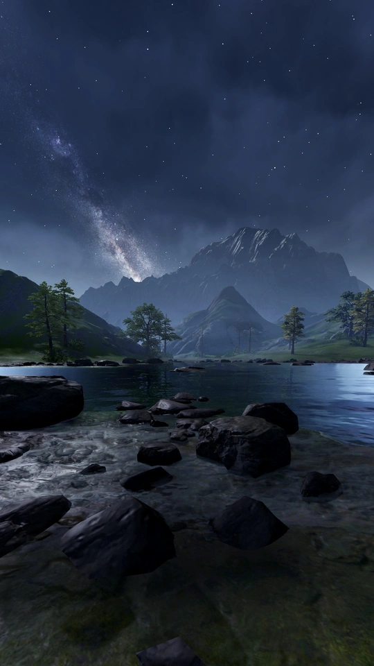 夜晚的山湖画 水中有岩石 天空中星星闪烁