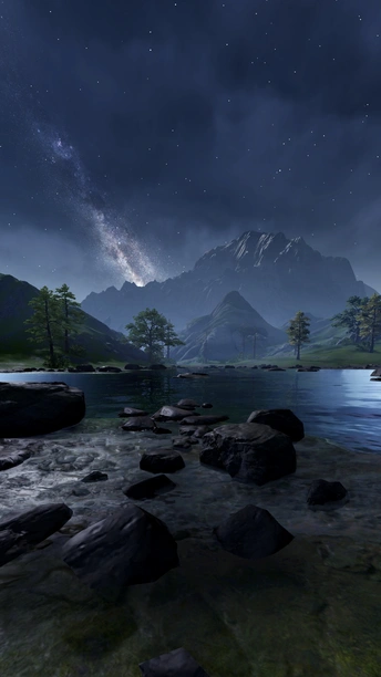 夜晚的山湖画 水中有岩石 天空中星星闪烁