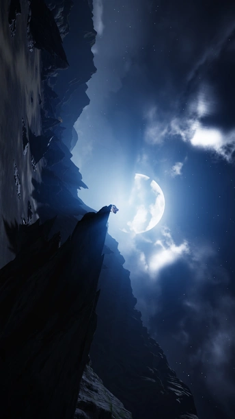 山顶夜色中 蓝天上挂着一轮满月。