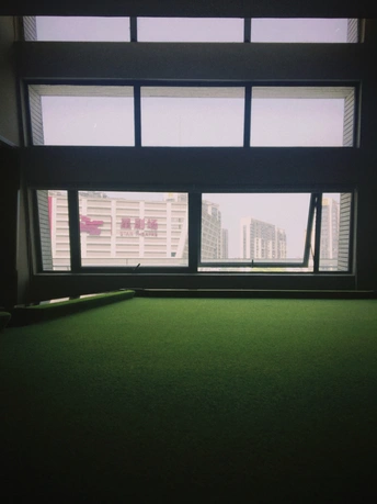 带有绿色地毯和大型窗户的房间