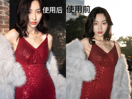 一位穿着红色连衣裙和皮草大衣的模特为拍照姿势