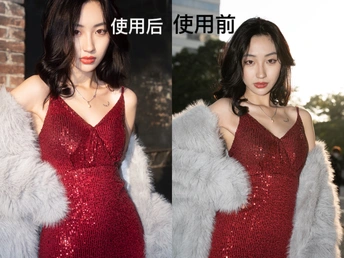 一位穿着红色连衣裙和皮草大衣的模特为拍照姿势
