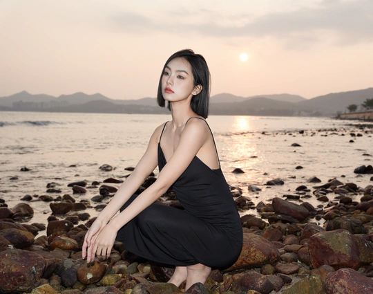一位美丽的年轻女子穿着黑色连衣裙坐在一些岩石上靠近水域。